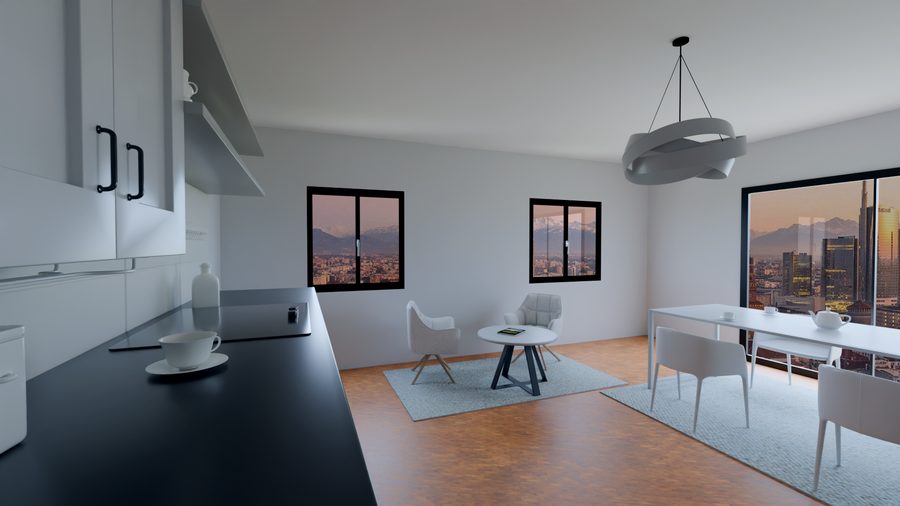 Cucina con piano nero e angolo pranzo luminoso con lampadario moderno e vista sullo skyline