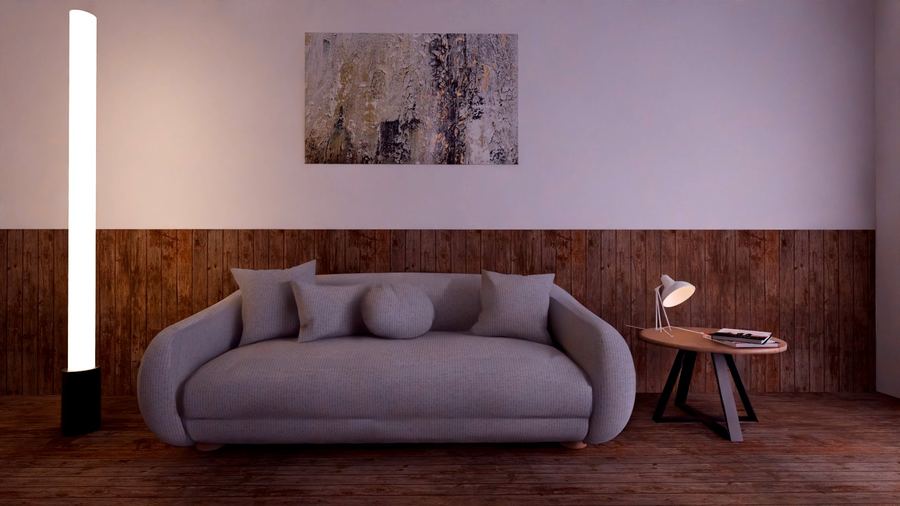 Soggiorno con divano curvo grigio, parete rivestita in legno e quadro astratto