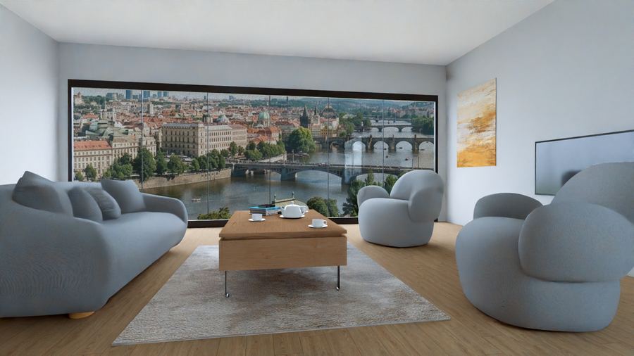 Soggiorno con divani imbottiti grigi e vista panoramica sulla città dalla vetrata