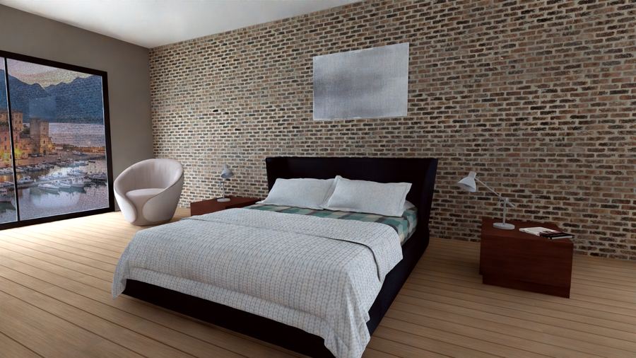 Camera da letto con parete in mattoni a vista, letto matrimoniale e comodini in legno