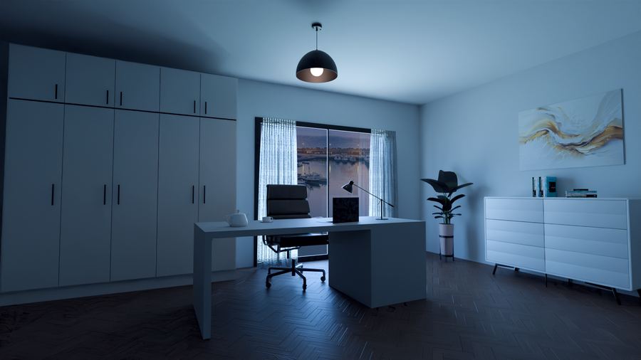 Studio con scrivania, sedia da ufficio e libreria bianca, vista sul porto di notte