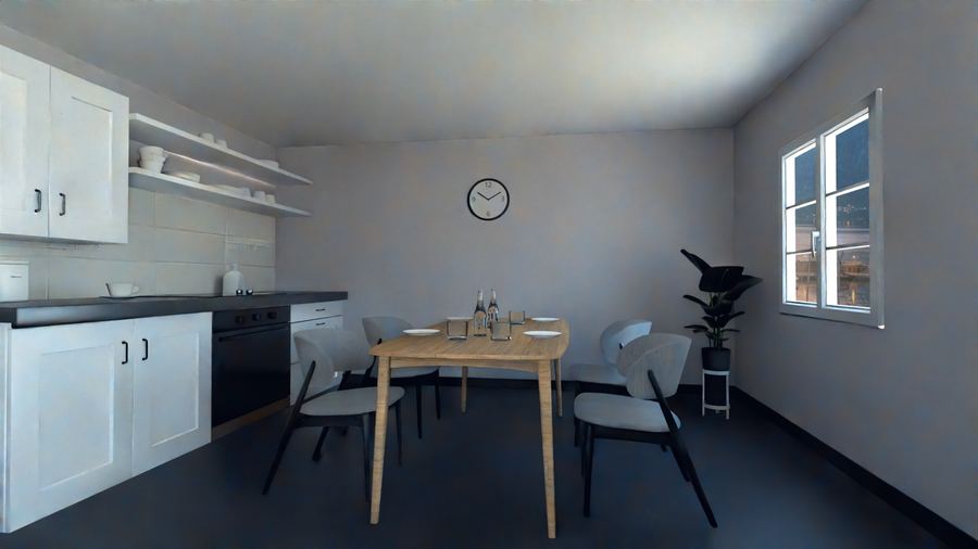 Cucina con angolo pranzo, tavolo e sedie in legno e mobili bianchi